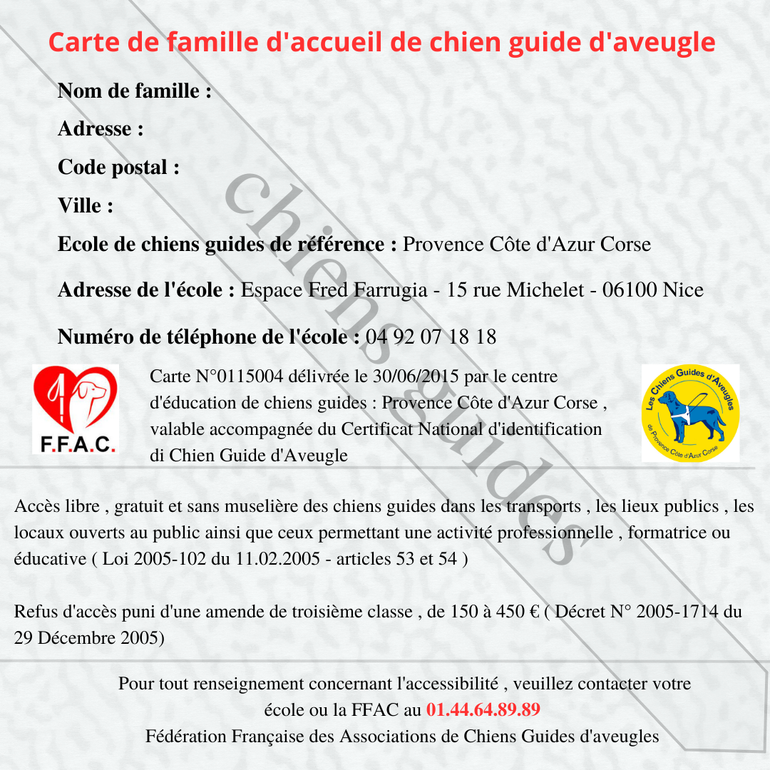 Carte de famille d’accueil de chien guide d’aveugle